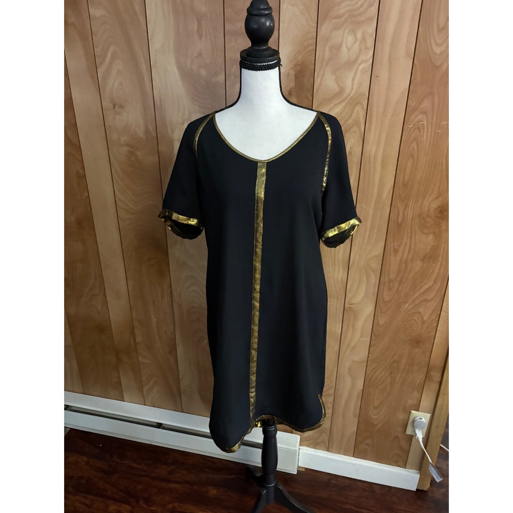 BCBGMAXAZRIA Women Black Gold Metallic Trim Shift Dress Silk Blend Size Small